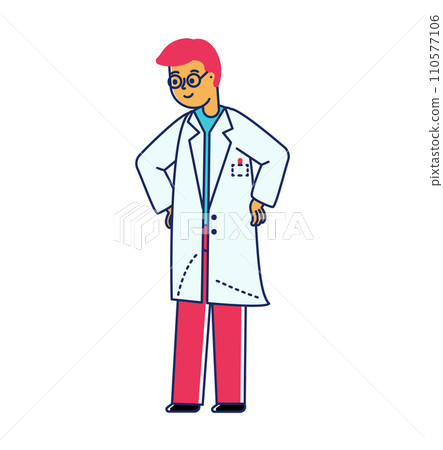 Confident male scientist in lab coat, glasses, hands in pockets. Smiling cartoon researcher, professional, scientist. Cheerful academic vector illustration. 110577106