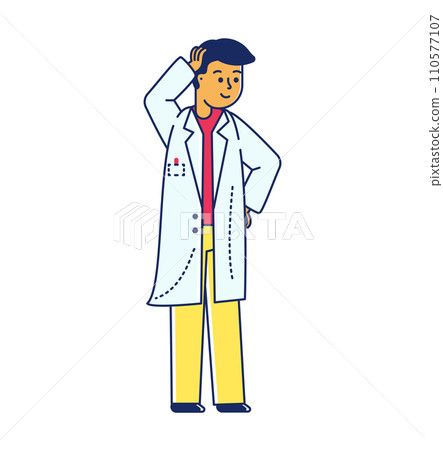 Asian scientist thinking in a lab coat. Young male doctor pondering with hand on head, smiling. Confident medical professional vector illustration. 110577107