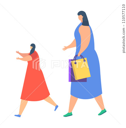 Two women walking with one carrying shopping bags, casual summer dresses vector illustration. Shopping spree, friends enjoying retail therapy. 110577110