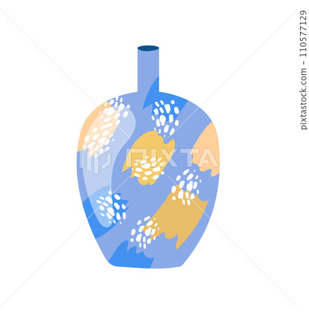 Abstract blue vase with yellow and white floral pattern. Stylish ceramic pottery design with modern decoration. Contemporary home decor and interior vector illustration. 110577129