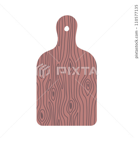 Wooden cutting board with a handle and natural wood pattern. Kitchen utensil and cooking accessory vector illustration. Wooden cutting board with a handle and natural wood pattern. Kitchen utensil and cooking accessory vector illustration. 110577135