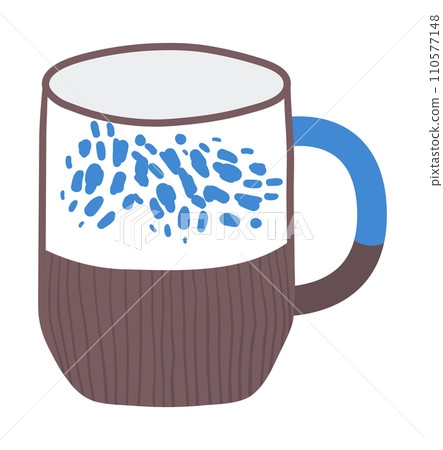 Ceramic coffee mug with blue splash design, brown texture, blue handle. Modern kitchenware and trendy drinkware vector illustration. 110577148