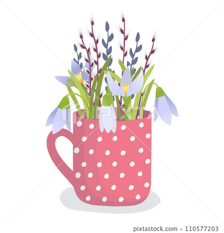 Spring flowers in a pink polka dot cup, fresh blooming crocuses and willow. Seasonal floral decoration, home decor vector illustration. Spring flowers in a pink polka dot cup, fresh blooming crocuses and willow. Seasonal floral decoration, home decor vector illustration. 110577203