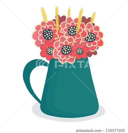 Colorful flowers in a blue pitcher, stylized floral arrangement with wheat. Home decor and spring blossoms vector illustration. Colorful flowers in a blue pitcher, stylized floral arrangement with wheat. Home decor and spring blossoms vector illustration. 110577205