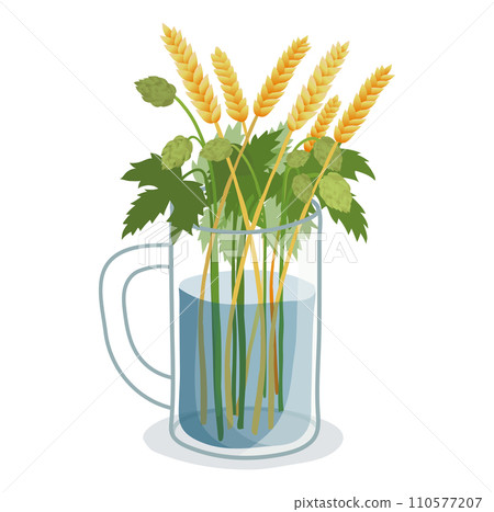 Wheat and hops in a transparent glass mug. Brewing ingredients concept and beer elements vector illustration. Wheat and hops in a transparent glass mug. Brewing ingredients concept and beer elements vector illustration. 110577207