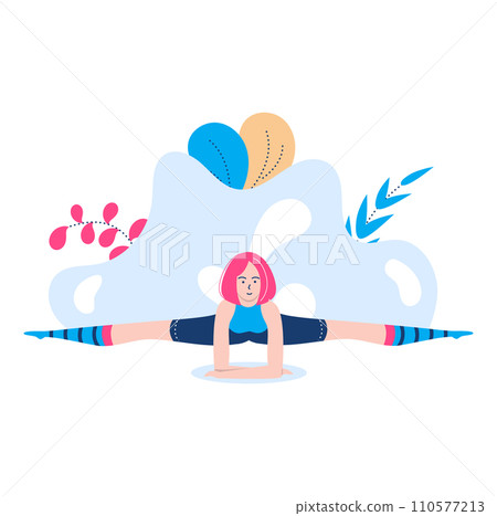 Female cartoon character performing yoga splits. Pink haired woman doing fitness exercise in abstract background. Wellness and flexibility concept vector illustration. 110577213
