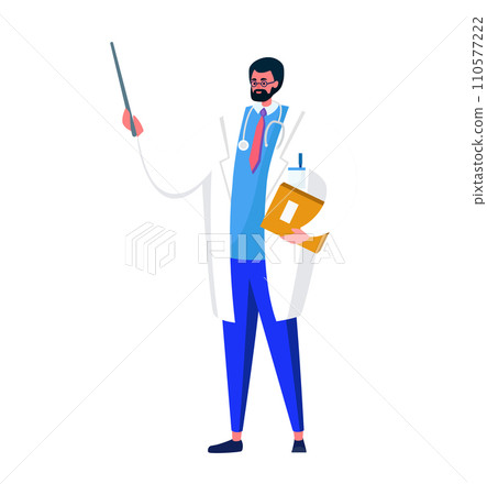 Male doctor holding clipboard and pointing with stick. Medical professional giving lecture or presentation. Educator in healthcare, medical expert teaching vector illustration. Male doctor holding clipboard and pointing with stick. Medical professional giving lecture or presentation. Educator in healthcare, medical expert teaching vector illustration. 110577222