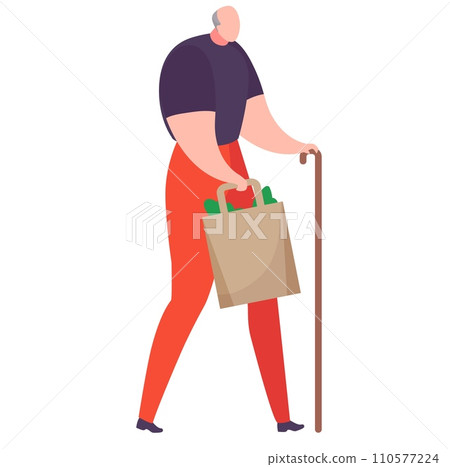 Elderly woman walking with cane and grocery bag. Senior lady with shopping, active aging concept. Elderly independence vector illustration. 110577224
