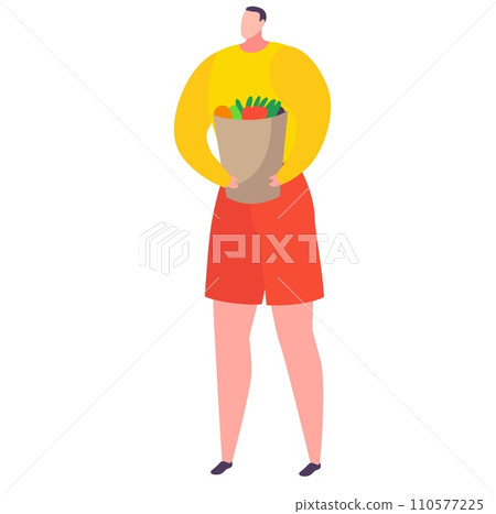Person carrying grocery bag full of vegetables, wearing yellow top and red shorts. Shopper with fresh produce, healthy eating concept. Grocery shopping, vegetarian lifestyle vector illustration. 110577225