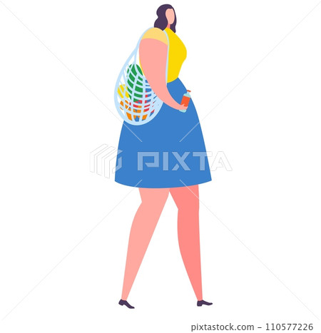 Plus size woman walks with eco friendly bag full of groceries. A female shopper with reusable mesh bag vector illustration. 110577226