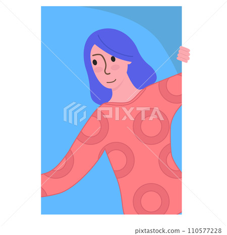 Smiling woman with blue hair peeking from behind wall. Female character in orange dress with circles. Friendly greeting and playful hide and seek vector illustration. Smiling woman with blue hair peeking from behind wall. Female character in orange dress with circles. Friendly greeting and playful hide and seek vector illustration. 110577228