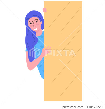Young woman with blue hair peeking around corner with a friendly smile. Casual style and playful attitude in a flat design. Happy greeting, welcoming gesture vector illustration. Young woman with blue hair peeking around corner with a friendly smile. Casual style and playful attitude in a flat design. Happy greeting, welcoming gesture vector illustration. 110577229