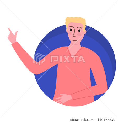 Blond man pointing up, standing with a confident pose, simple background. Presentation gesture, young speaker or teacher vector illustration. Blond man pointing up, standing with a confident pose, simple background. Presentation gesture, young speaker or teacher vector illustration. 110577230