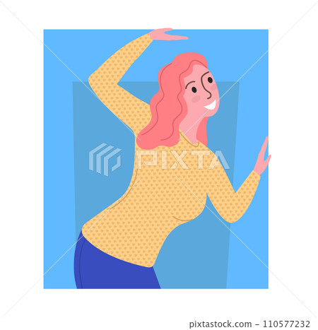 Caucasian woman with pink hair dancing joyfully. Female in casual attire enjoying herself. Fun dance moves and happiness concept vector illustration. Caucasian woman with pink hair dancing joyfully. Female in casual attire enjoying herself. Fun dance moves and happiness concept vector illustration. 110577232