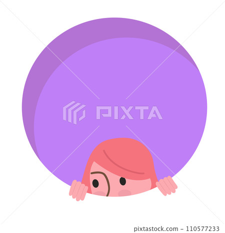 Cartoon girl peeking out shyly, purple circle background. Childlike curiosity and cute playful character vector illustration. 110577233