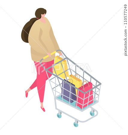 Woman pushing shopping cart full of colorful bags. Shopper with purchases in cart isometric view. Consumer in store, mall shopping vector illustration. 110577249