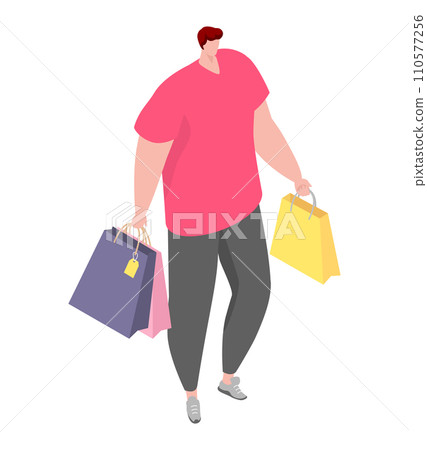 Plus size man shopping, carrying colorful bags, casual style, modern consumer. Body positivity, diverse beauty, fashionable male shopper vector illustration. Plus size man shopping, carrying colorful bags, casual style, modern consumer. Body positivity, diverse beauty, fashionable male shopper vector illustration. 110577256