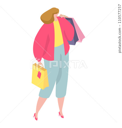 Woman with shopping bags enjoying retail therapy. Fashionable shopper in vibrant clothes, joy of purchase. Shopaholic concept, consumer culture vector illustration. Woman with shopping bags enjoying retail therapy. Fashionable shopper in vibrant clothes, joy of purchase. Shopaholic concept, consumer culture vector illustration. 110577257