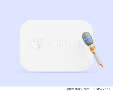 Blank white board with microphone icon on blue background 3d render. Banner frame mockup, announcement of press conference, business training, education, lecture, seminar or courses. 3D illustration 110577455