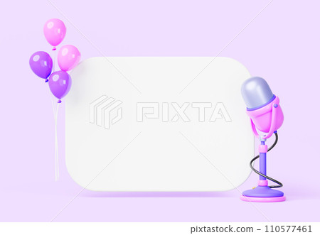 3d render blank white board with microphone and balloons icon on pink background. Announcement of holiday broadcast, podcast, stream, karaoke party or music live radio, Cartoon banner. 3D illustration 3d render blank white board with microphone and balloons icon on pink background. Announcement of holiday broadcast, podcast, stream, karaoke party or music live radio, Cartoon banner. 3D illustration 110577461
