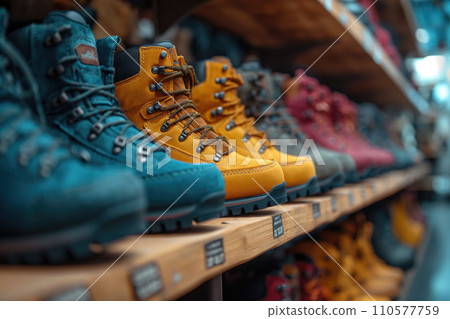 trekking boots on a shelf in a store 110577759