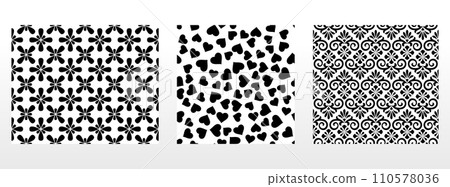 Geometric floral set of seamless patterns. White and black vector backgrounds. Damask graphic ornaments. 110578036