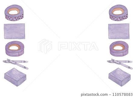 Illustration set of two vertical columns of purple stationery drawn with water-based pens and transparent watercolors Illustration set of two vertical columns of purple stationery drawn with water-based pens and transparent watercolors 110578083