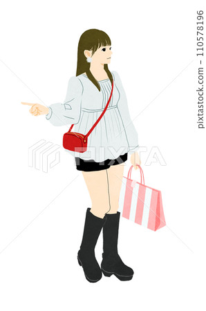 一個長髮女孩在購物時穿著襯衫和短褲的插圖 110578196