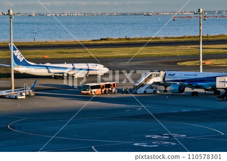 An airplane arriving at the airport 110578301