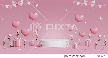 Abstract mock up scene. geometry podium shape for display product, pink balloon, pink rose, present and advertising. valentine heart love wedding concept. 3D rendering illustration Abstract mock up scene. geometry podium shape for display product, pink balloon, pink rose, present and advertising. valentine heart love wedding concept. 3D rendering illustration 110578324