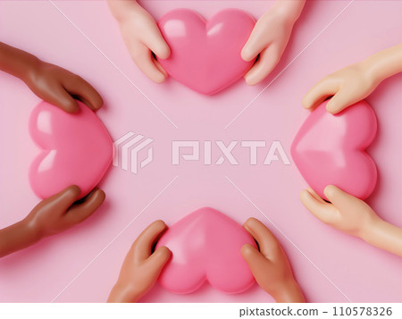 3d icon pink heart in hands. cartoon arm holding gesture hand give pink heart. Realistic illustration of donation love on pink background. valentine love forever theme, 3d rendering illustration 110578326