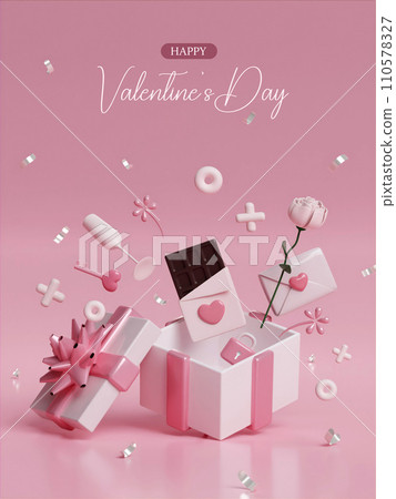 Valentine's day design. Realistic red gifts boxes. Open gift box full of decorative festive object. Holiday banner, web poster, flyer, stylish brochure, greeting card, cover. Romantic background 110578327