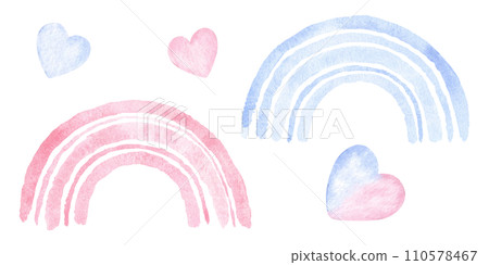 Pink and blue Rainbow set Watercolor illustration. Hand drawn clip art on white isolated background. Drawing of baby shower or birthday decorations. Painting of cartoon doodle for design of cards Pink and blue Rainbow set Watercolor illustration. Hand drawn clip art on white isolated background. Drawing of baby shower or birthday decorations. Painting of cartoon doodle for design of cards 110578467