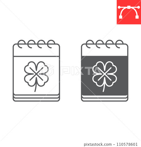 St. Patrick's day calendar line and glyph icon, holidays and reminder, calendar with clover vector icon, vector graphics, editable stroke outline sign, eps 10. 110578601