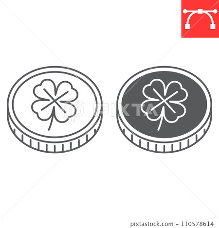 Coin clover line and glyph icon, St. Patrick's Day and holiday, four leaf on coin vector icon, vector graphics, editable stroke outline sign, eps 10. 110578614