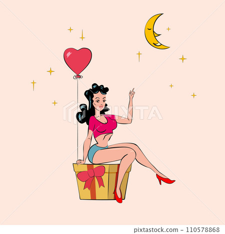 Sexy Pin-up woman sits on a gift box with holds an inflatable heart and points a finger to the moon. Vector in retro comic style isolated illustration halftone Sexy Pin-up woman sits on a gift box with holds an inflatable heart and points a finger to the moon. Vector in retro comic style isolated illustration halftone 110578868
