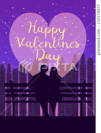 Happy Valentines Day poster, retro. Silhouette loving couple on the bench at night 110578871