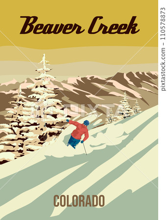 Beaver Creek Ski Travel resort poster vintage. Colorado USA winter landscape travel card 110578873