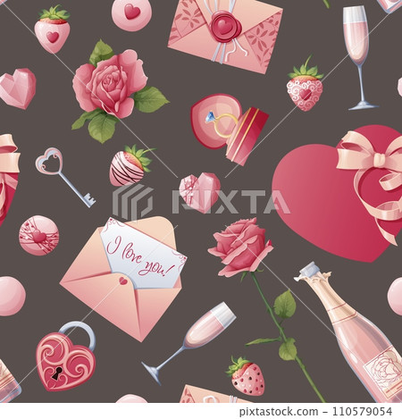 Seamless pattern with roses, champagne, strawberries, candies with hearts. Great for wrapping paper, fabric, wallpaper, textiles. Background for Valentine s Day. 110579054
