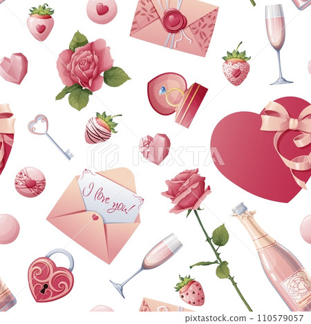 Seamless pattern with roses, champagne, strawberries, candies with hearts. Great for wrapping paper, fabric, wallpaper, textiles. Background for Valentine s Day. 110579057