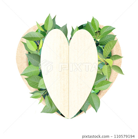Heart shape hole and green leaves on cardboard texture. Isolated on white background. Recycled carton material. Ecology and zero waste concept. Copy space for text 110579194