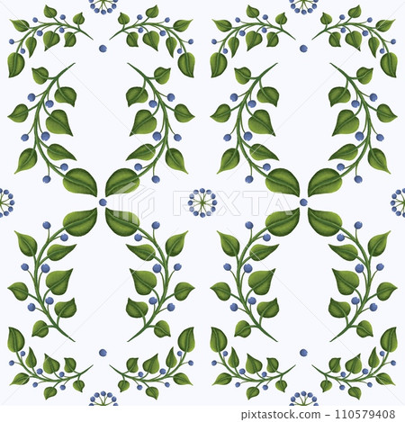 Blueberry leaves and berries in an ornament for design, wallpaper, wrapping paper. Abstract, seamless botanical pattern. 110579408