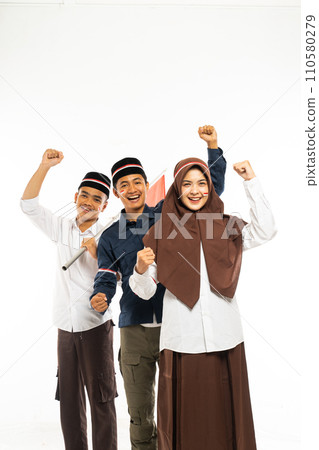 three islamic students standing together clenched their arm three islamic students standing together clenched their arm 110580279