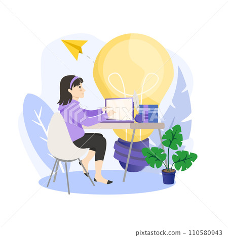 Creative process illustration. Designer concept. Art director working on media content. Creative process, digital drawing and design for product promotion. Flat illustration vector 110580943