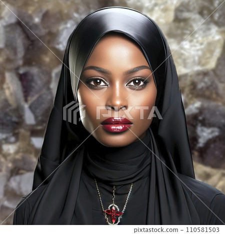Portrait of a black nun with flawless smooth skin and dark red glossy lipstick in black nun attire 110581503