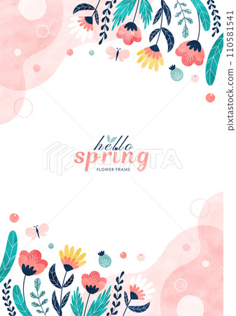 春天的花朵背景框架彩色水彩插圖框架（垂直） 110581541