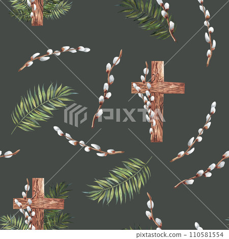Cute watercolor print with wood and leaf Cross for Easter or Christening invitation , palm sunday decoration. Seamless christian theme pattern for design. Dark green background. Cute watercolor print with wood and leaf Cross for Easter or Christening invitation , palm sunday decoration. Seamless christian theme pattern for design. Dark green background. 110581554