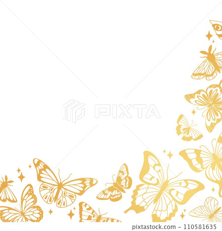 Golden butterflies. Gold butterfly in flight on white background. Exotic butterflies flock frame for wedding invitation, greeting card. Moth silhouettes vector background 110581635