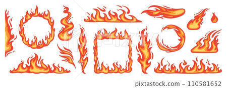 Cartoon red flame. Fire flames, hot fireball, danger wildfire campfire and bonfire elements, fire frames and flaming borders isolated vector set 110581652