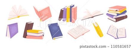 Cartoon books. Textbooks for reading and school education. Notebook and kids literature, dictionary for reader and bookworm. Color library book pile isolated vector set Cartoon books. Textbooks for reading and school education. Notebook and kids literature, dictionary for reader and bookworm. Color library book pile isolated vector set 110581657